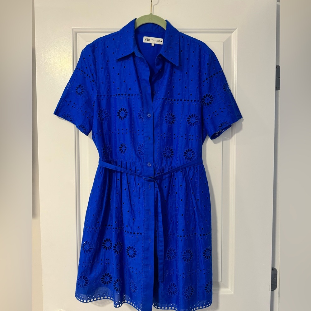 ZARA Blue Embroidered Eyelet Mini Dress ZW Collection SIZE LARGE